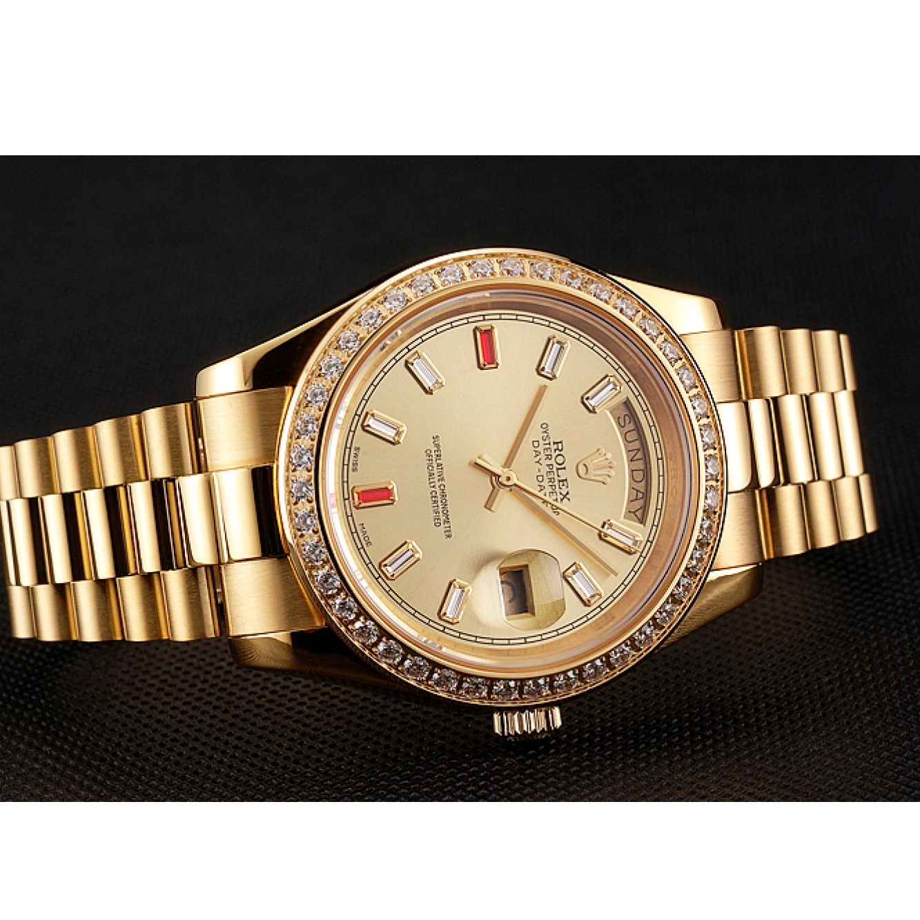 MiroTime 0801 Swiss Rolex Day-Date Diamonds And Rubies Champagne Dial Gold Bracelet 1454100